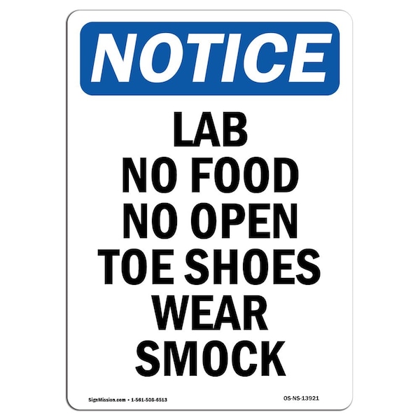Signmission OSHA, Lab No Food No Open Toe Shoes Wear Smock, 14in X 10in Plastic, 10" W, 14" H, Portrait OS-NS-P-1014-V-13921 - main